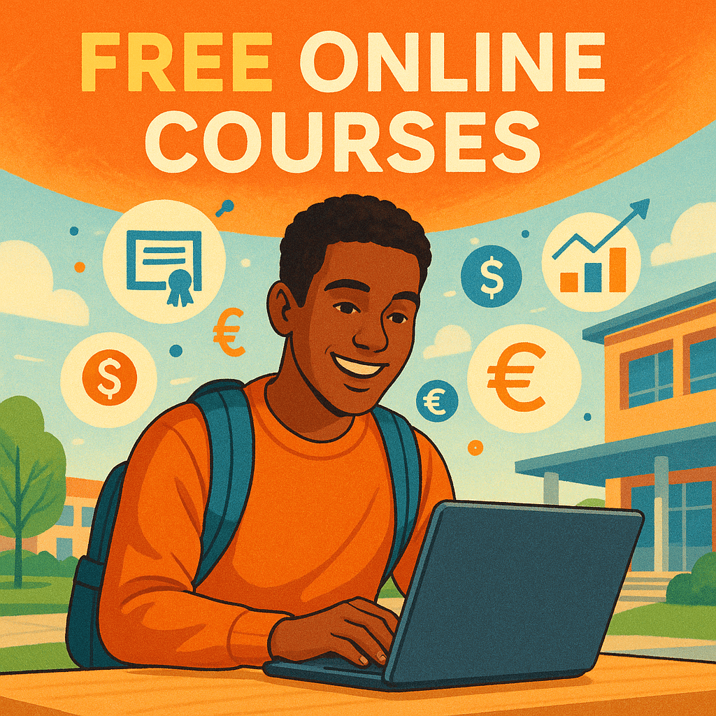 A vibrant and inspiring illustration of a smiling young student using a laptop while surrounded by digital icons representing online learning and financial progress, such as growth charts and money symbols. The setting suggests a modern study space or campus, with bright colors and an upbeat style, perfect for an article about the benefits of free online courses for students and their impact on personal finances.