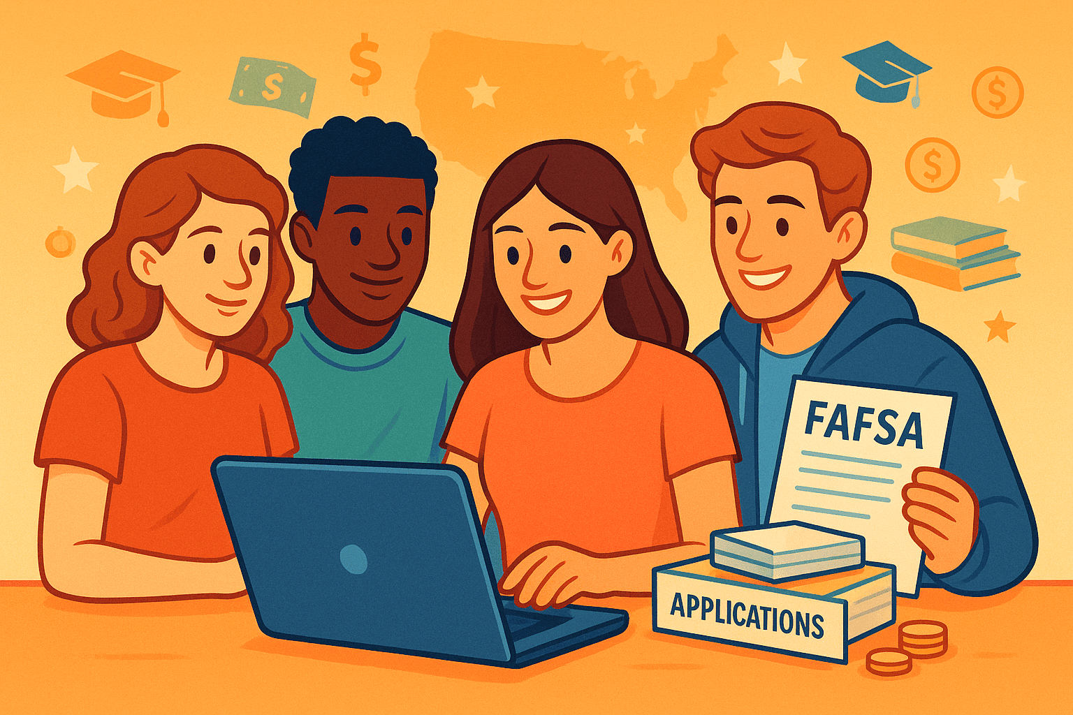 An illustrative image showing diverse high school students or young adults, looking optimistically at a laptop, surrounded by simplified FAFSA-like application forms. The background subtly incorporates US iconography and financial symbols, representing the process of applying for financial aid in the United States. The image conveys hope and empowerment for students seeking college funding.