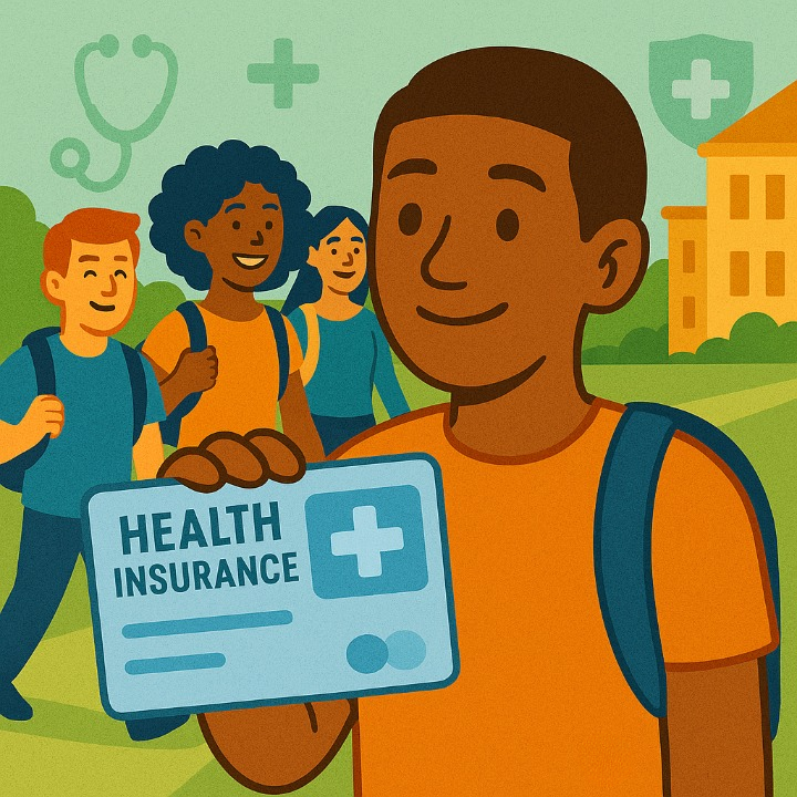 An illustration of happy, diverse students on a college campus. One student holds up a health insurance card, symbolizing the article's focus on student health and insurance for a secure university experience.
