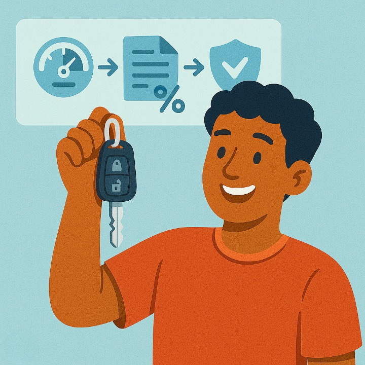 An illustration of a student with a car key, with icons in the background showing the steps of car financing: building credit, getting a loan, understanding the interest rate, and securing insurance.