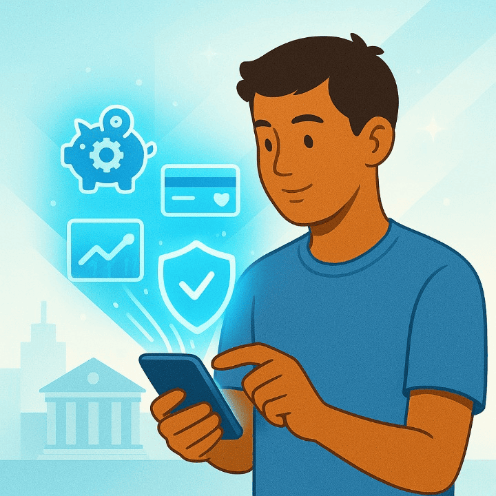 An illustration of a student using AI tools on their smartphone for personal finance. Icons for savings, credit card security, and investments float from the phone, symbolizing AI's role in financial management.