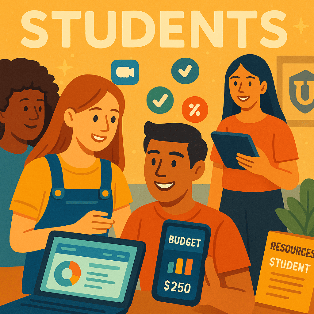 A diverse group of university students in a brightly lit campus financial aid office. One student, a young woman, is discussing financial well-being with a friendly advisor, looking at financial projections on a computer screen. Another student, a young man, is engaging with a banking app on his smartphone. The setting conveys a supportive environment focused on student financial well-being at a top university.