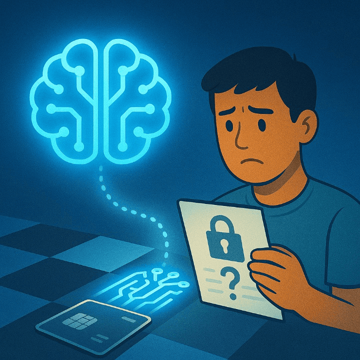 An illustration representing the risks of AI in finance. A student looks questioningly at a financial document linked to an AI brain, symbolizing the need for scrutiny over algorithmic bias and data privacy.