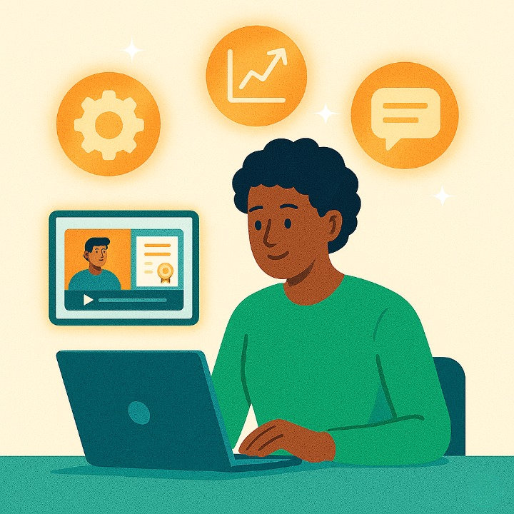 An illustrative drawing of a university student learning online with a laptop. Icons for tech, finance, and communication skills float around, symbolizing the career-boosting potential of free online courses.