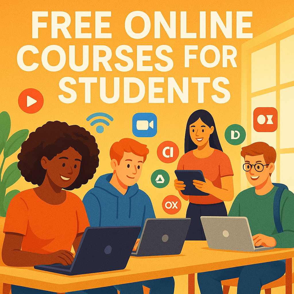 An illustration depicting diverse university students engaging with laptops and tablets in a vibrant, modern study environment. Digital icons subtly float around, symbolizing online learning and connectivity. The students appear happy and focused, conveying the positive impact and accessibility of free online courses on their educational and career development.