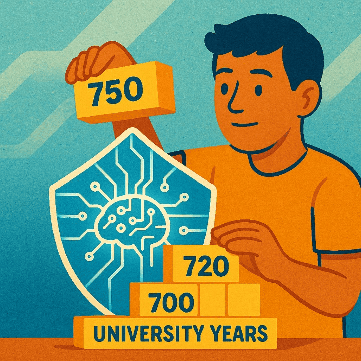An illustration symbolizing a student building their credit score during their university years. The student is carefully building a strong financial future, block by block, starting with a good credit foundation.