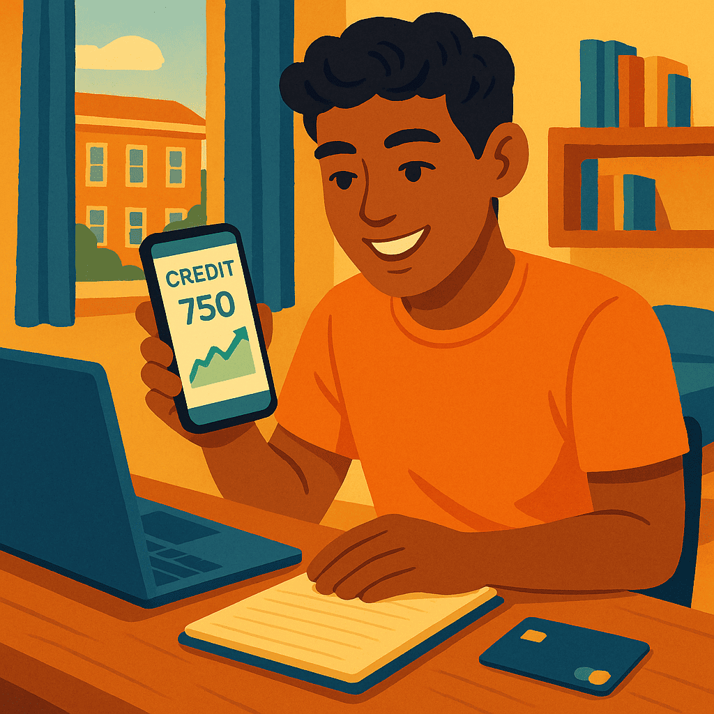 A university student confidently reviews their positive credit score on a smartphone in their dorm room. The scene includes a laptop and a credit card, symbolizing the theme of building credit in college for a strong financial future.