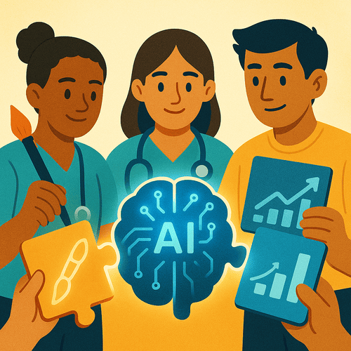 An illustration showing students from diverse majors (art, health, business) collaborating to build an AI brain, symbolizing the importance of AI literacy across all career fields.