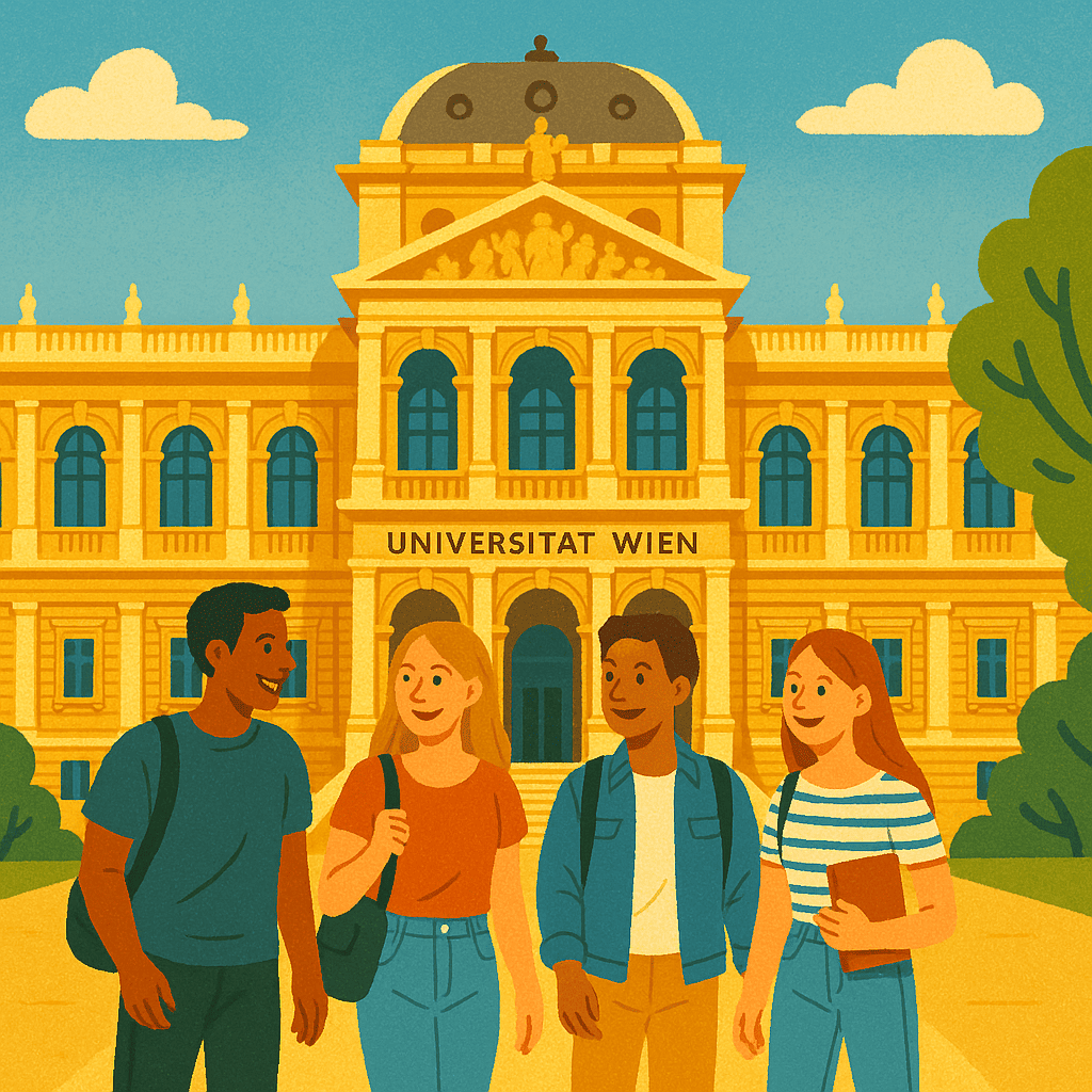 The historic main building of the University of Vienna under a bright blue sky, with a diverse group of students chatting in the foreground. The image represents the blend of academic tradition and vibrant student life in Austria.