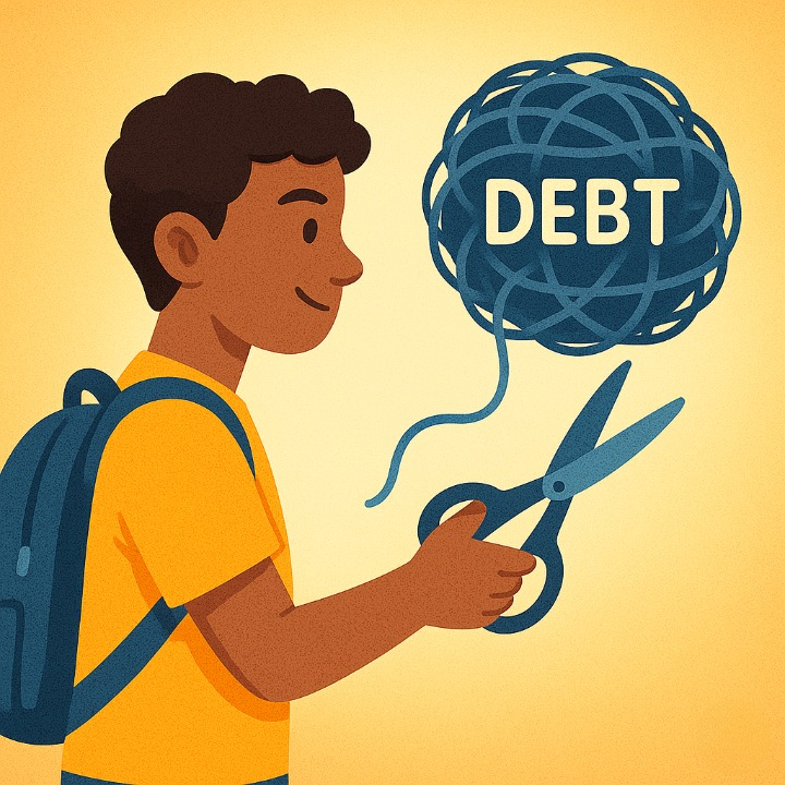 An illustration symbolizing student debt management. A student is confidently cutting through a tangled ball of debt, representing a proactive approach to improving their financial health.