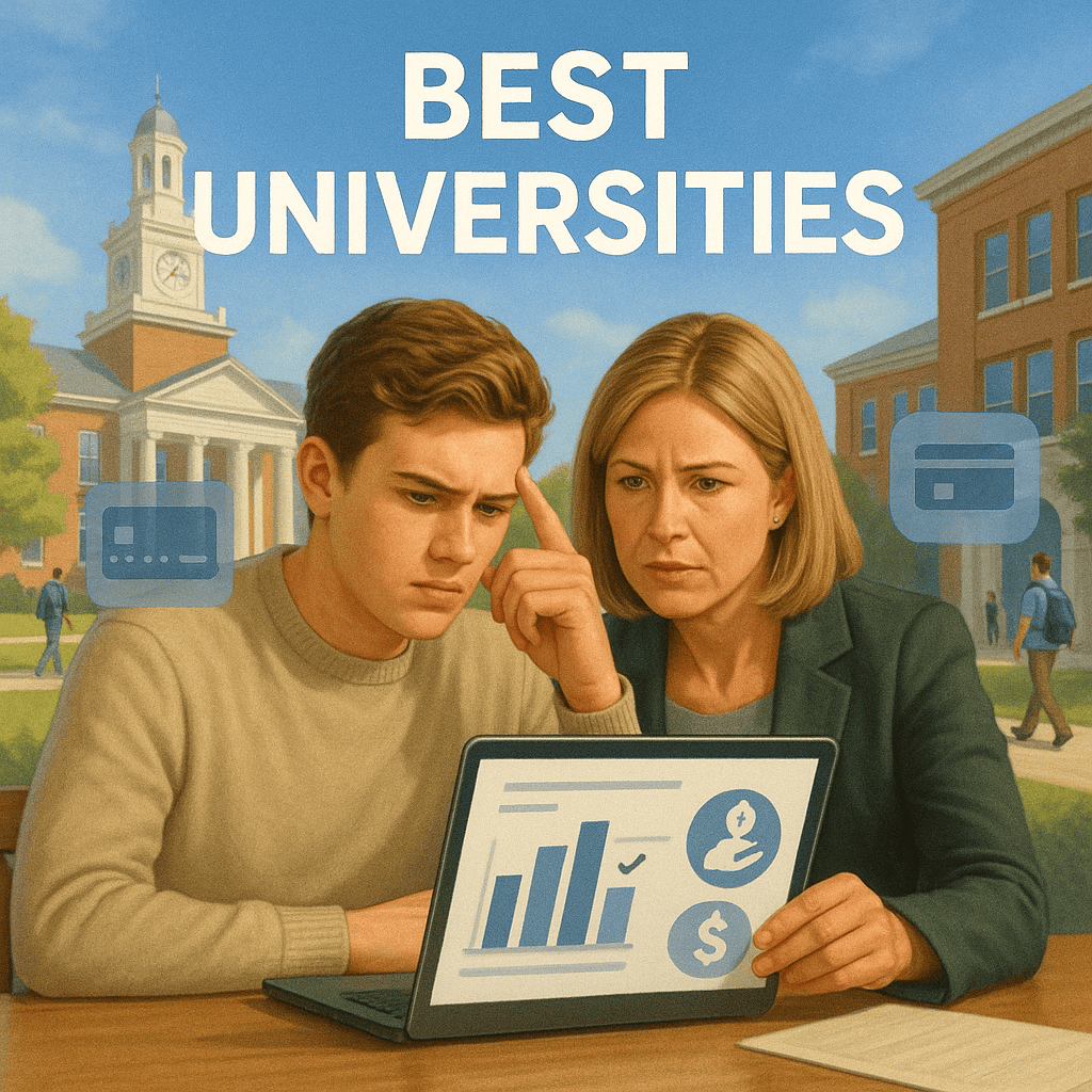 A realistic and optimistic image of a young student or family (student and parents) looking at a laptop, which displays university comparison charts and financial icons such as money and growth charts. In the background, a vibrant university campus with students and university buildings. The image subtly includes elements of banking services, such as a credit card or banking app icon, reinforcing the theme of how to choose the best universities considering both academic and financial aspects and the role of banks.