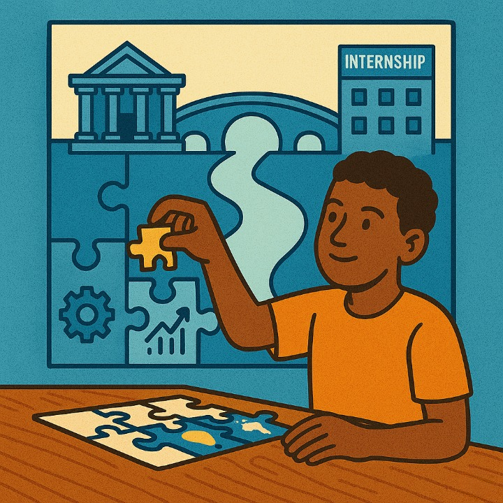 An illustration showing a student completing a puzzle of skills, which forms a bridge from their university to an internship opportunity. This symbolizes the strategic use of free courses for career advancement.