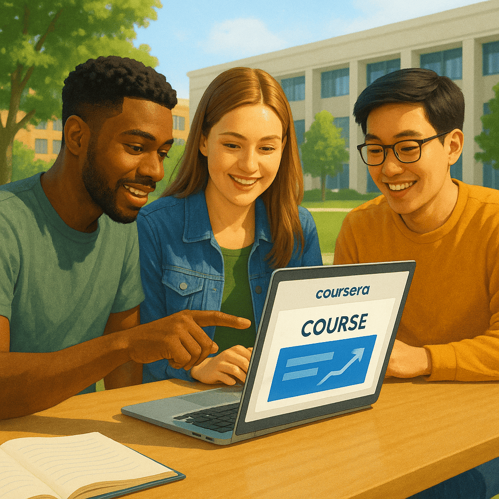 Three diverse university students collaborate around a laptop on a sunny campus green, engaging with a free online course. The image represents students using online learning to supplement their degrees and boost their skills.