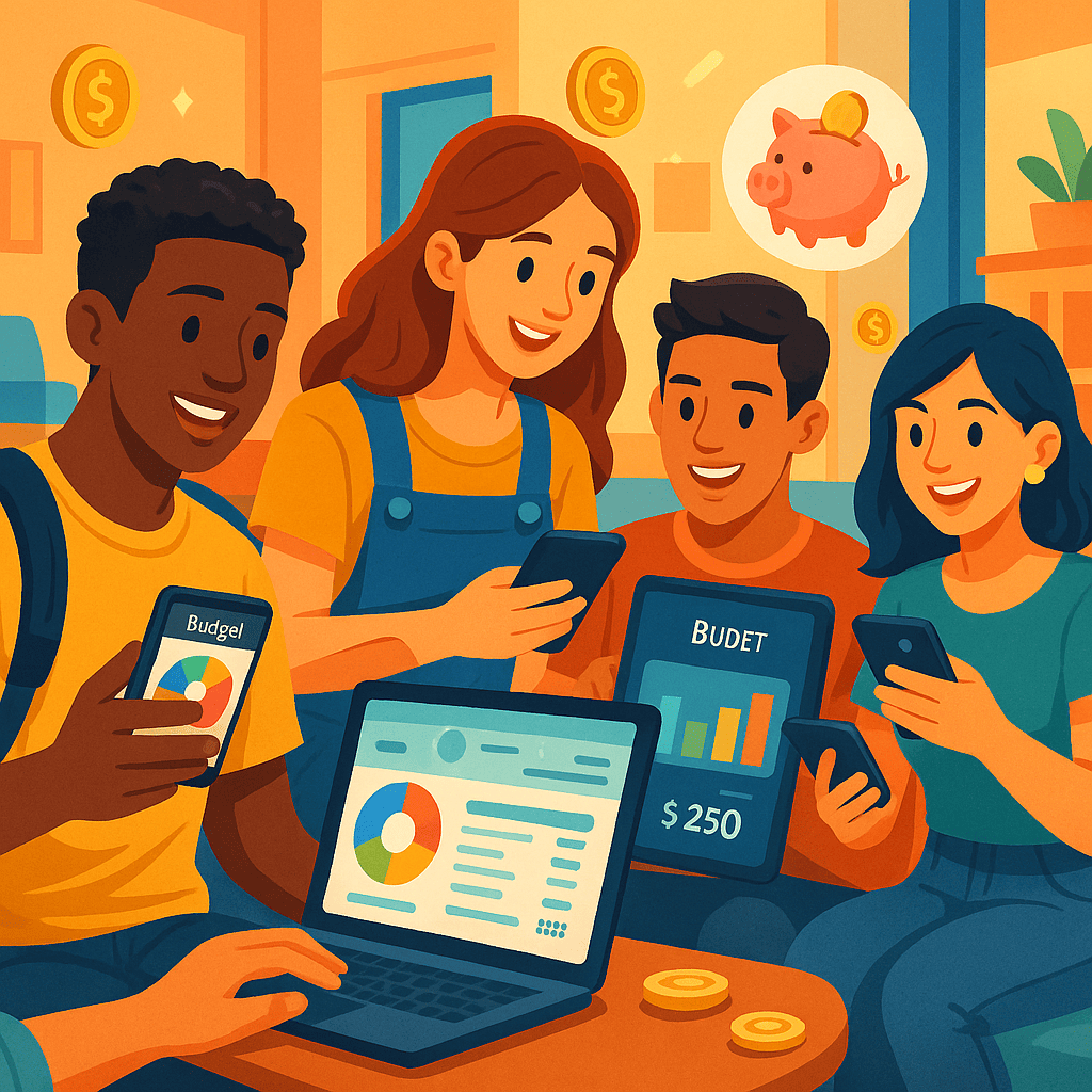 An illustrative image showing diverse college students confidently using budgeting apps on their smartphones and tablets in a modern campus setting. Bright app interfaces with financial charts and digital money symbols are visible on screens, conveying ease and empowerment in managing personal finances.