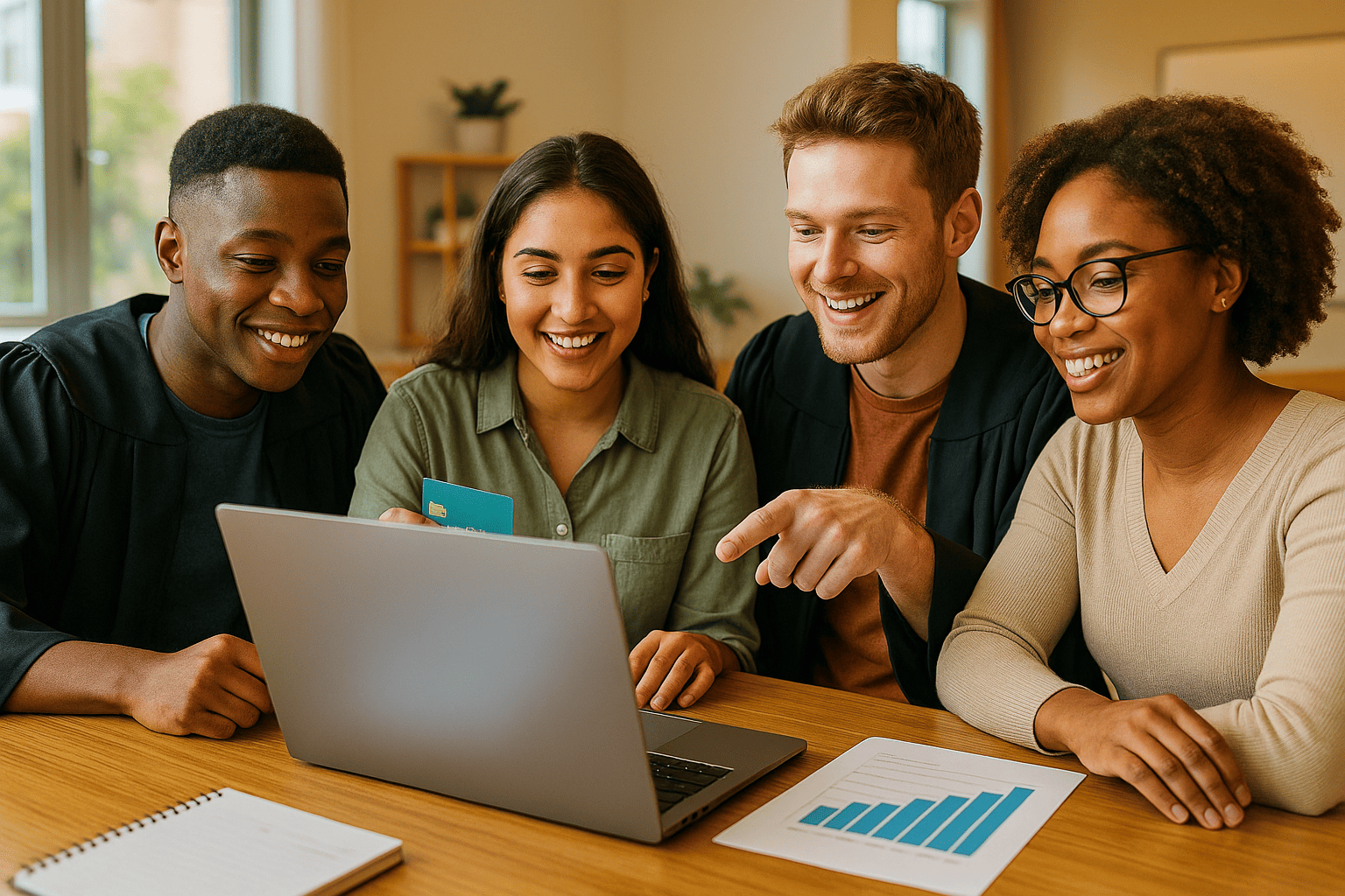 A realistic and vibrant image depicting a diverse group of recent college graduates in a modern office. They are gathered around a laptop, which displays a financial graph, symbolizing student loan repayment progress and financial planning. One graduate holds a bank card, another points at the screen, conveying a sense of teamwork and financial empowerment related to managing student loans after graduation.