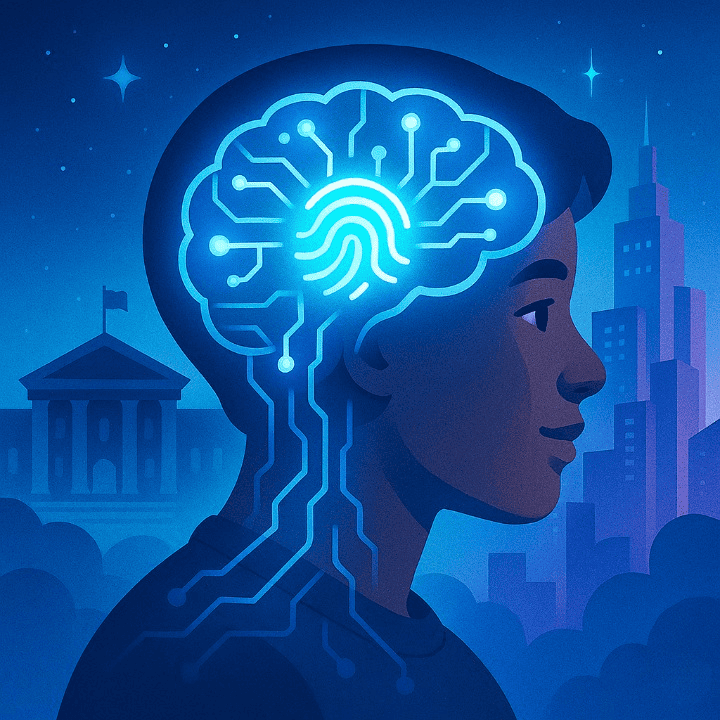 An illustration symbolizing the study of Artificial Intelligence at a top university. A human brain with digital circuits connects to a backdrop blending a university with a futuristic city.