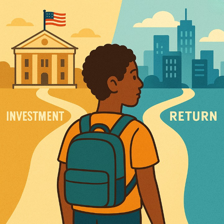 An illustration of a student considering the return on investment of a US university education. The image symbolizes the choice between the initial investment and the future career and financial returns.