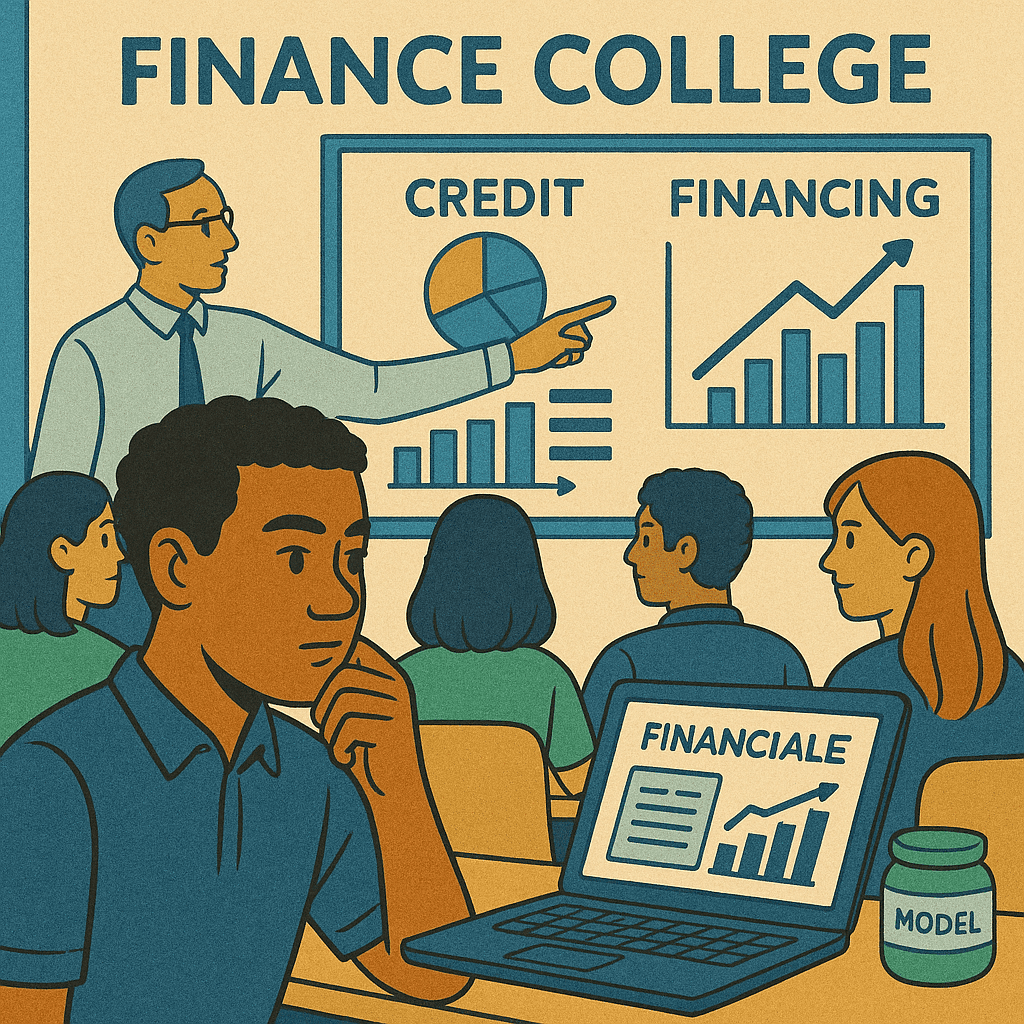 An illustration of university students in a finance lecture. A professor explains concepts of credit and financing shown on a large screen, highlighting the educational theme of the article on finance colleges and career preparation.