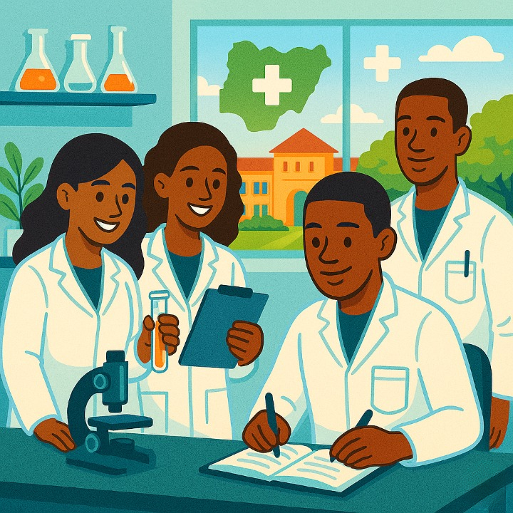 An illustration of Nigerian students in a university science lab, representing the theme of studying health sciences in Nigeria's top universities. The image conveys professionalism and optimism.