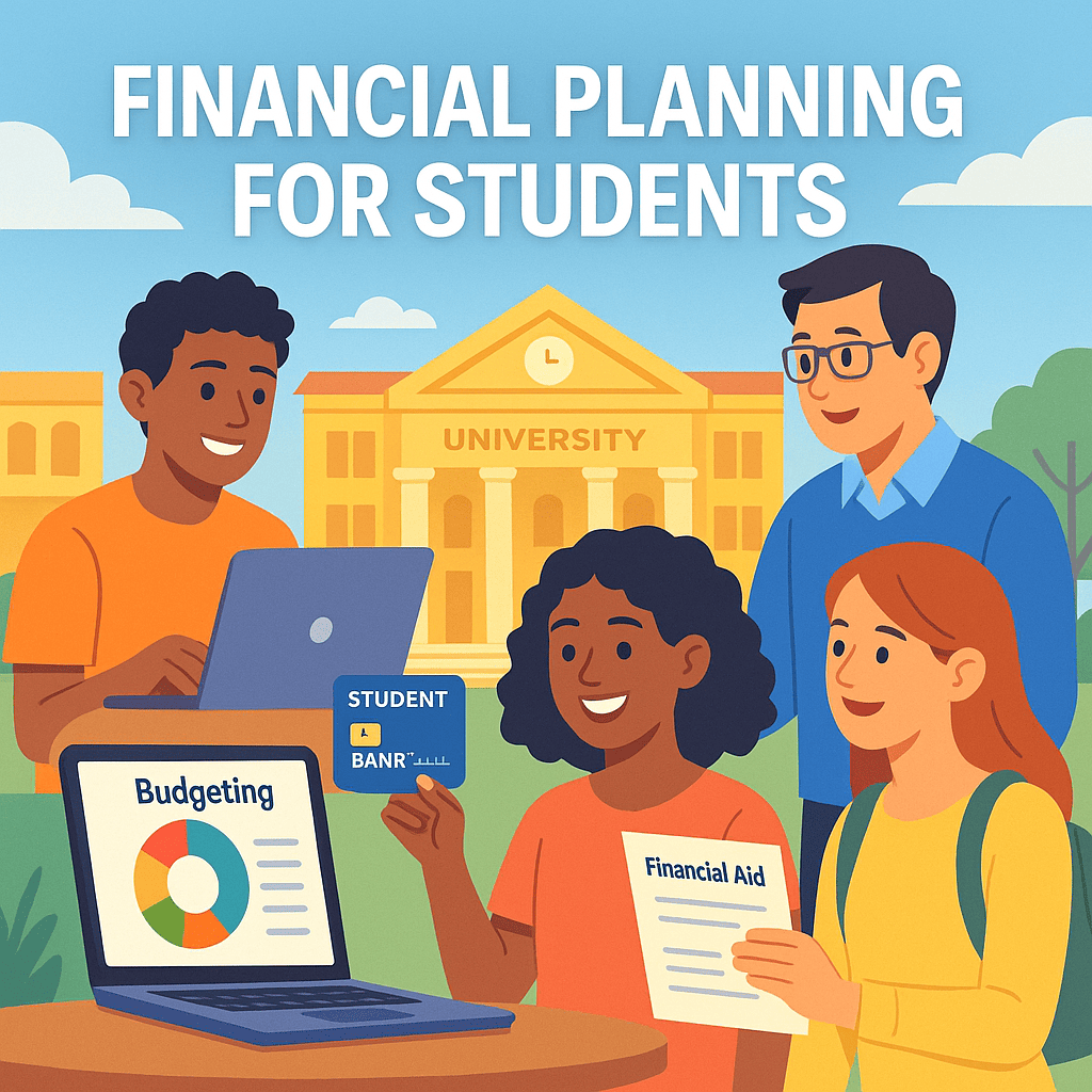 A vibrant illustration depicting diverse university students actively engaging with financial planning. One student uses a laptop for budgeting, another holds a student bank card, and a third discusses financial aid documents. A university campus is subtly visible in the background, symbolizing the academic setting of student finance management. The image conveys financial empowerment and smart money decisions for higher education.