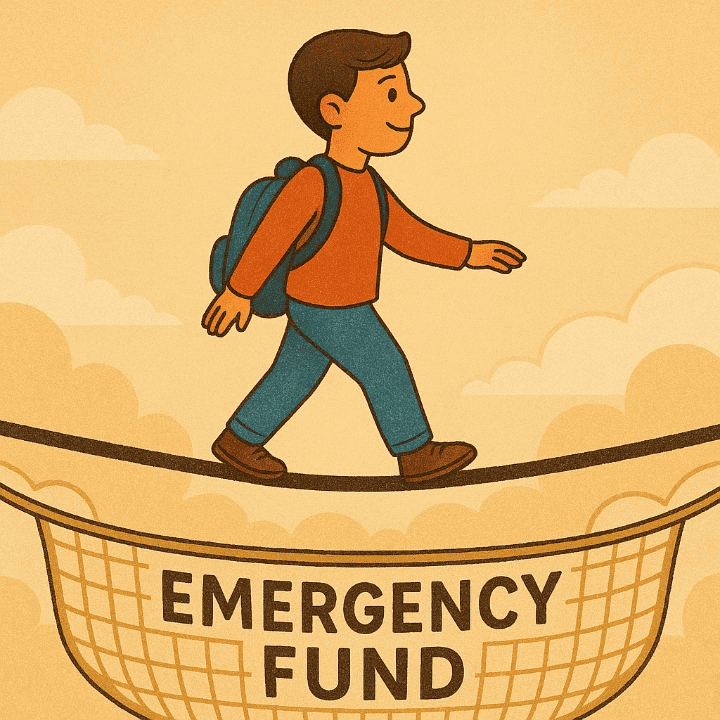 An illustration symbolizing the security of an emergency fund. A student walks confidently on a tightrope, protected by a large safety net below, representing financial peace of mind.