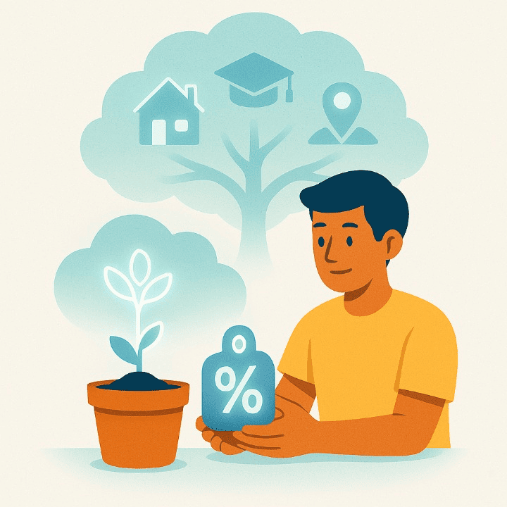 An illustration of a student planting a seedling that shows its future growth into a large tree with life goals inside. This symbolizes the power of starting to invest early for long-term financial growth.