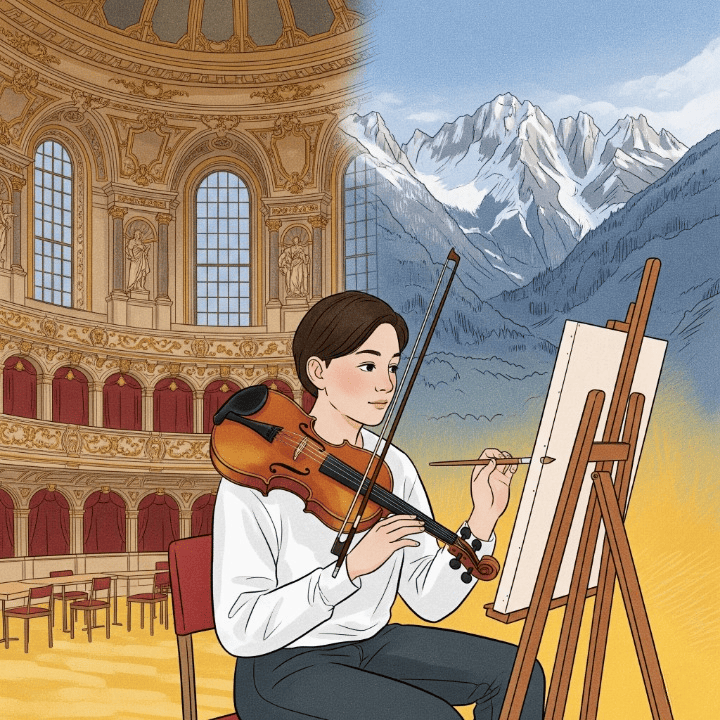 An illustration of a student artist in Austria, with a backdrop blending a classic concert hall and the Alps. This symbolizes studying arts and music at a top Austrian university.