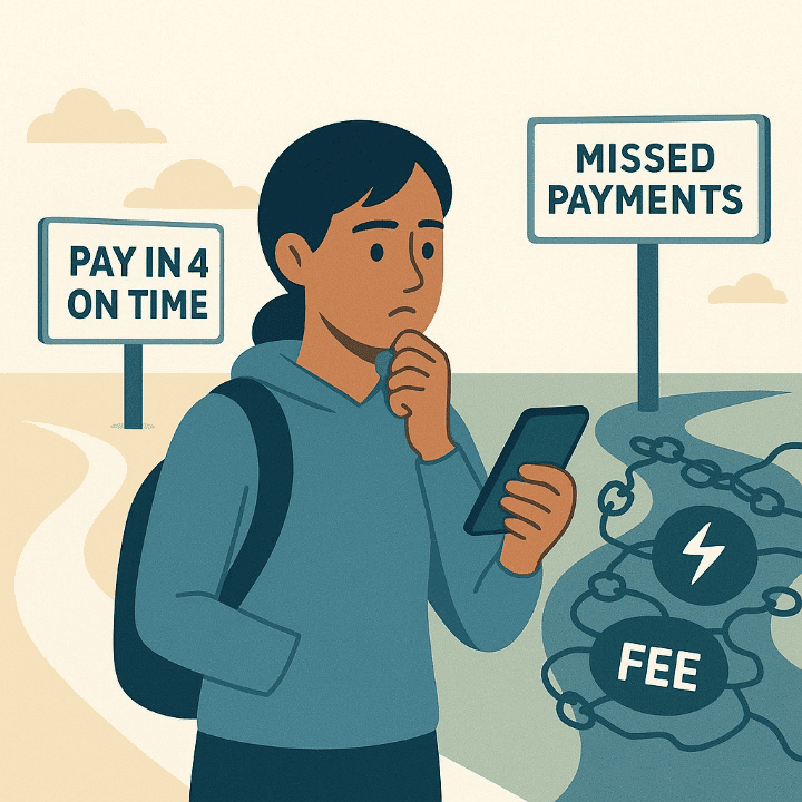 An illustration of a student considering the risks of Buy Now, Pay Later. The image shows two paths: one for responsible, on-time payments and one for the dangers of missed payments and fees.