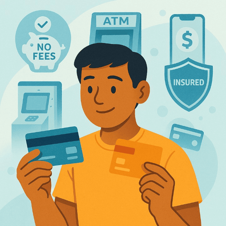 An illustration of a student choosing a bank account. The student compares two cards with icons for no fees, ATM access, and deposit insurance in the background, symbolizing a smart financial choice.