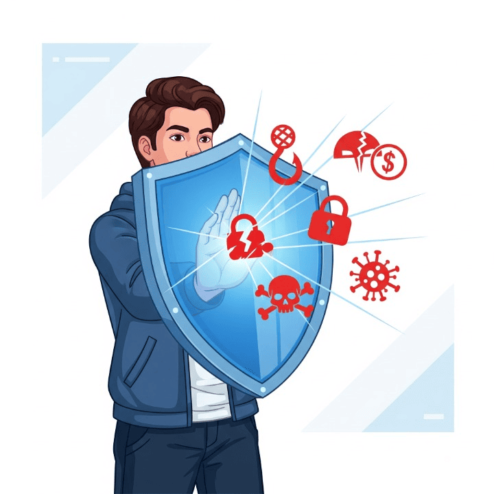 An illustration of a student using a shield to block financial scam icons. This symbolizes the importance of awareness and protection against financial fraud for students.