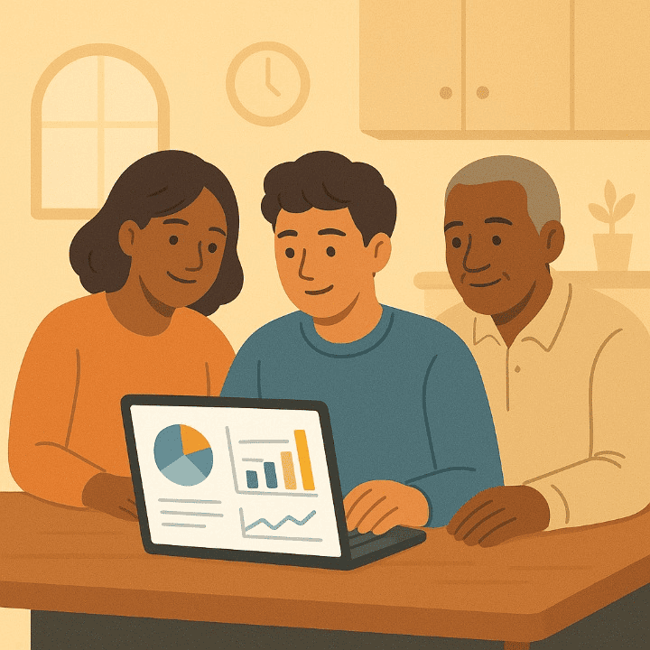 A square illustration of a student and their parents having a positive conversation about finances. They are looking at a budget on a tablet together, symbolizing teamwork and healthy communication about money.