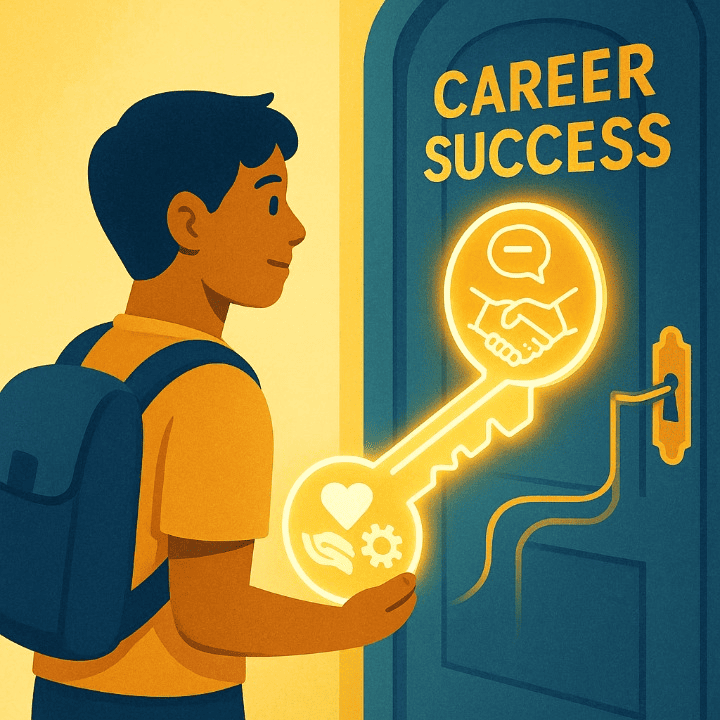 An illustration of a student holding a key with soft skill icons, ready to unlock a door to career success. This symbolizes how developing soft skills is key to professional advancement.