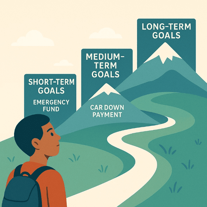 An illustration of a student looking at a path leading to three mountain peaks representing short, medium, and long-term financial goals. This symbolizes the journey of financial goal setting.