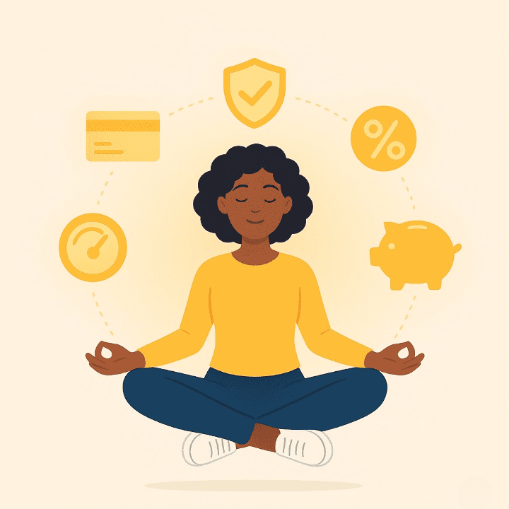 A square illustration of a student calmly mastering their finances. Icons for a credit card, insurance, interest rate, and credit float around them, symbolizing control and knowledge gained from free courses.