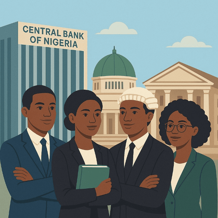 An illustration of Nigerian students of Law and Social Sciences, with a backdrop blending a university with national institutions. This symbolizes the path from a top education to leadership in Nigeria.