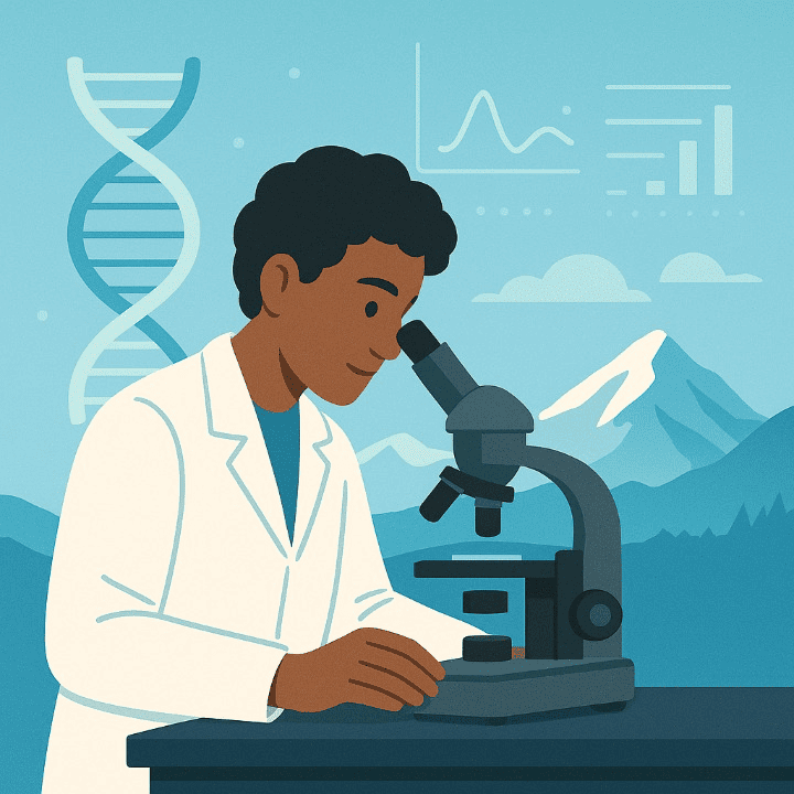 A square illustration of a student conducting scientific research in Austria. The image blends a lab scene with the Austrian Alps, symbolizing a top-tier science education in a unique location.