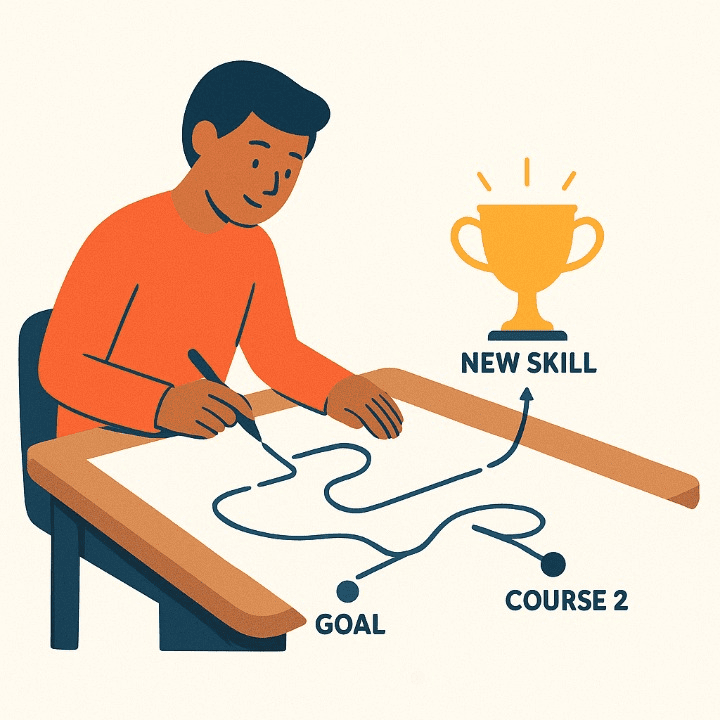 An illustration of a student creating a self-learning plan roadmap with free courses. The image symbolizes a structured and goal-oriented approach to online learning and skill acquisition.