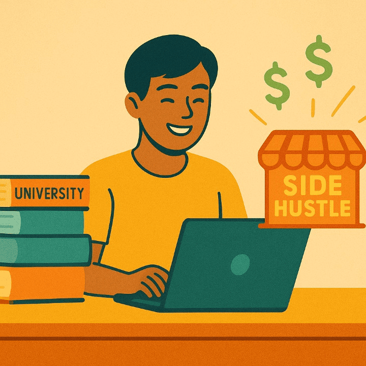 An illustration of a student balancing university studies with a successful side hustle launched using free courses. The image symbolizes entrepreneurship and financial empowerment for students.