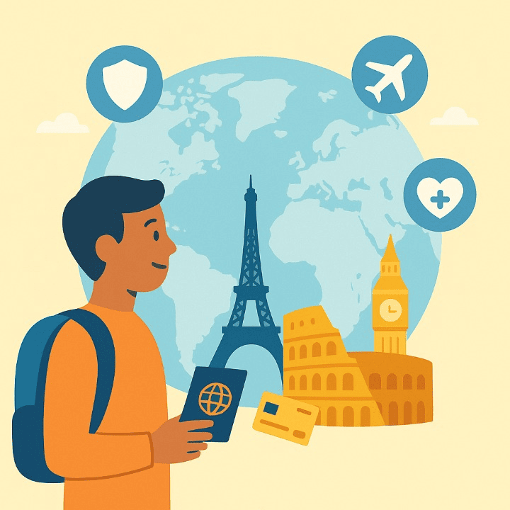 A square illustration of a student preparing for study abroad. The student holds a passport and credit card, looking at a world map with icons for financing and health insurance, symbolizing a well-planned international experience.