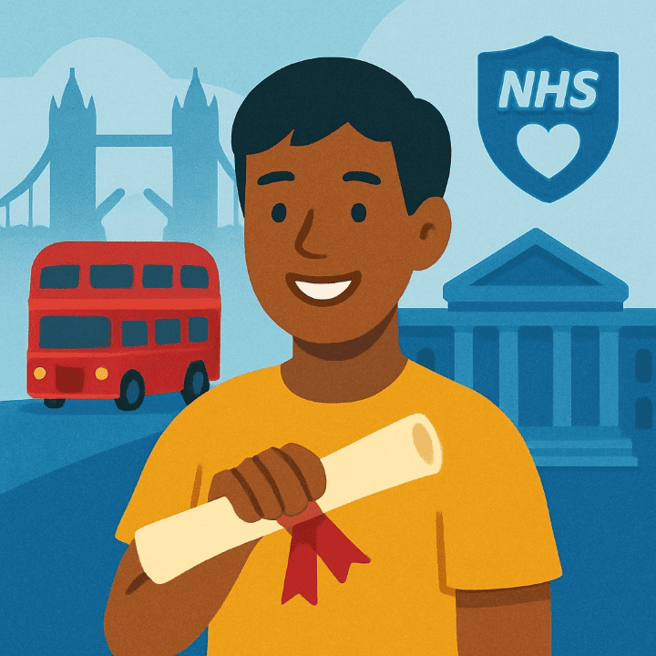 An illustration of a happy international student in the UK, with icons of London and a university in the background. A shield representing the NHS health insurance system is also visible, symbolizing a complete guide to studying in the UK.