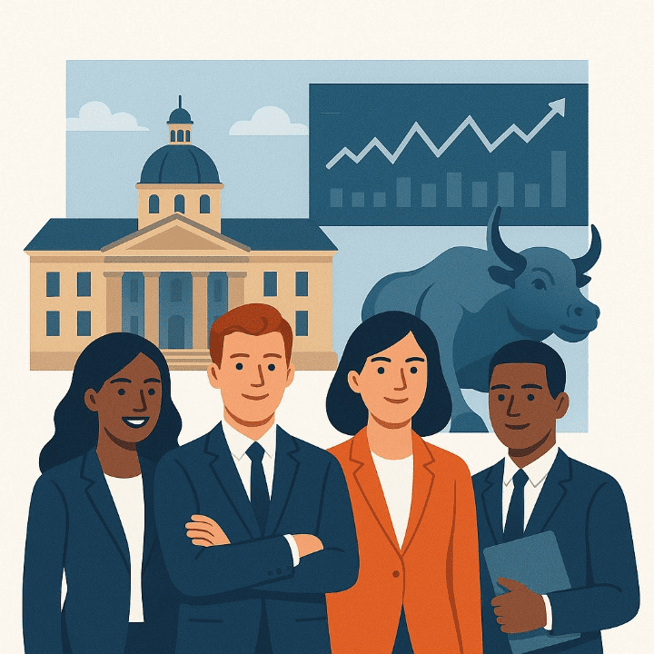 An illustration of business and economics students at a top US university, with a backdrop of Wall Street and a stock ticker. This symbolizes the path from an elite education to a career in finance.