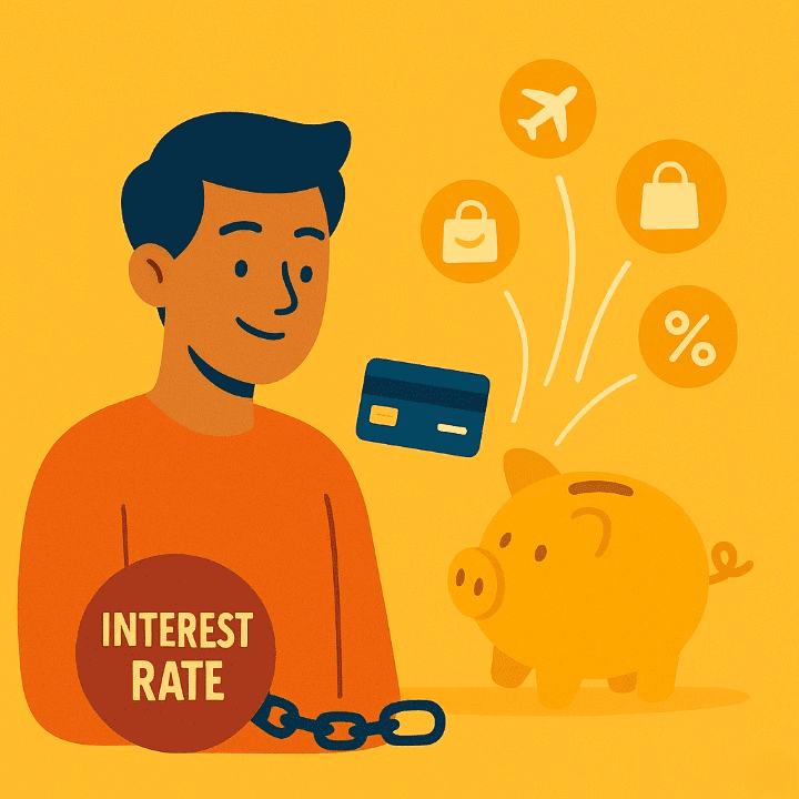 An illustration of a student using a credit card responsibly. Positive reward icons flow into a piggy bank, while a ball and chain representing a high interest rate is kept at a distance, symbolizing a smart financial strategy.