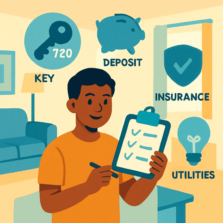 An illustration of a student in their first apartment, confidently holding a financial checklist. Icons for credit, savings, and insurance float around, symbolizing a well-planned move.