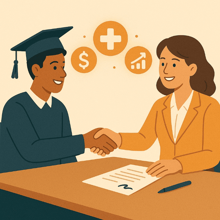 An illustration of a student successfully negotiating their first job offer. The image shows a handshake and icons for salary and health benefits, symbolizing a positive career and financial start.