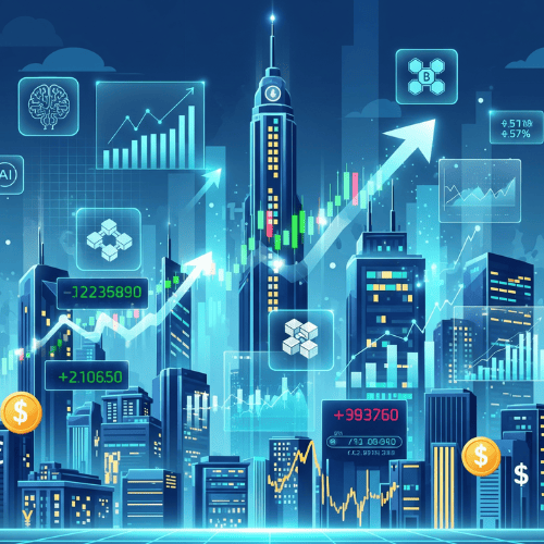 Illustration of a futuristic financial scene with a digital city skyline, stock charts, and graphs floating in the background. Icons for AI, blockchain, and trading tickers highlight advanced finance strategies. The design uses a clean, professional cartoon style, emphasizing innovation, technology, and expert-level investment concepts.
