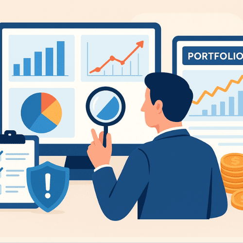 Illustration of a person analyzing financial charts, portfolios, and digital banking tools. Includes icons for investments, risk management, and wealth growth, representing advanced financial strategies and informed financial decision-making.