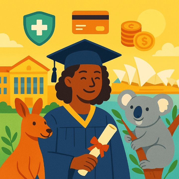 A square illustration of a happy international student in Australia. The student is surrounded by Australian icons like a kangaroo and the Sydney Opera House, along with symbols for financing, credit, and health insurance, representing a complete guide to studying there.