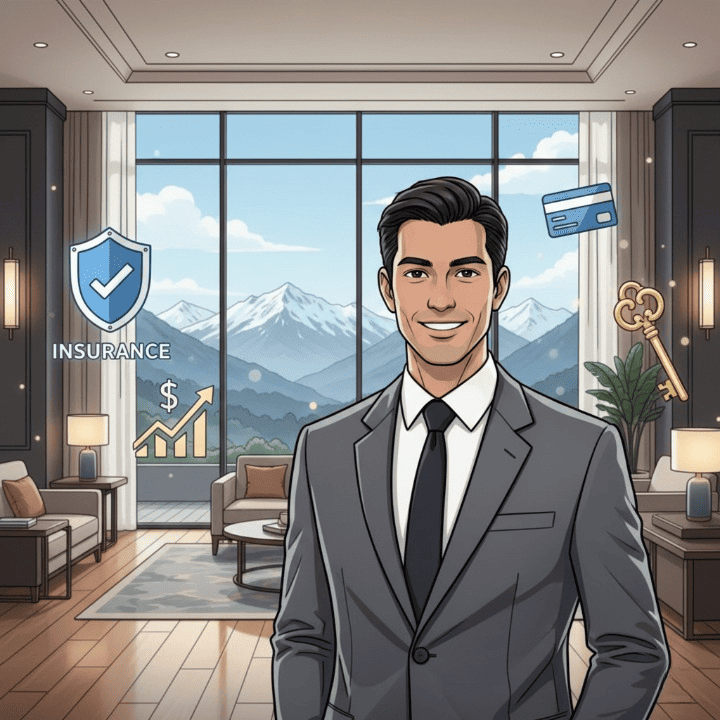 A square illustration of a hospitality management student in Austria. The student is in a modern hotel with an alpine view, surrounded by icons for financing, credit, and insurance, symbolizing a top-tier education in tourism.