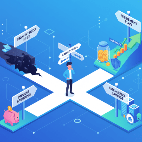 Illustration of a person at a crossroads with financial signs like credit cards, savings, retirement, and investments, representing common financial mistakes and smarter choices.