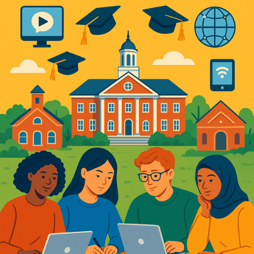 An illustration of diverse students studying at a U.S. university campus. Students use laptops and books, with graduation caps and campus buildings in the background. Icons for online learning and global education highlight digital access. The cartoon-style image conveys academic excellence and modern learning opportunities.